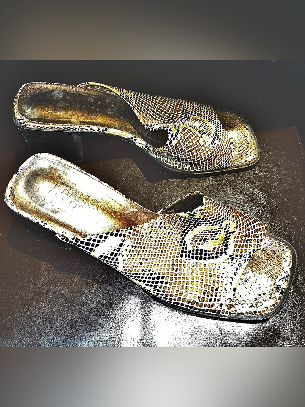 Franco Sarto Gold Snake-Print Slide Mules size 7